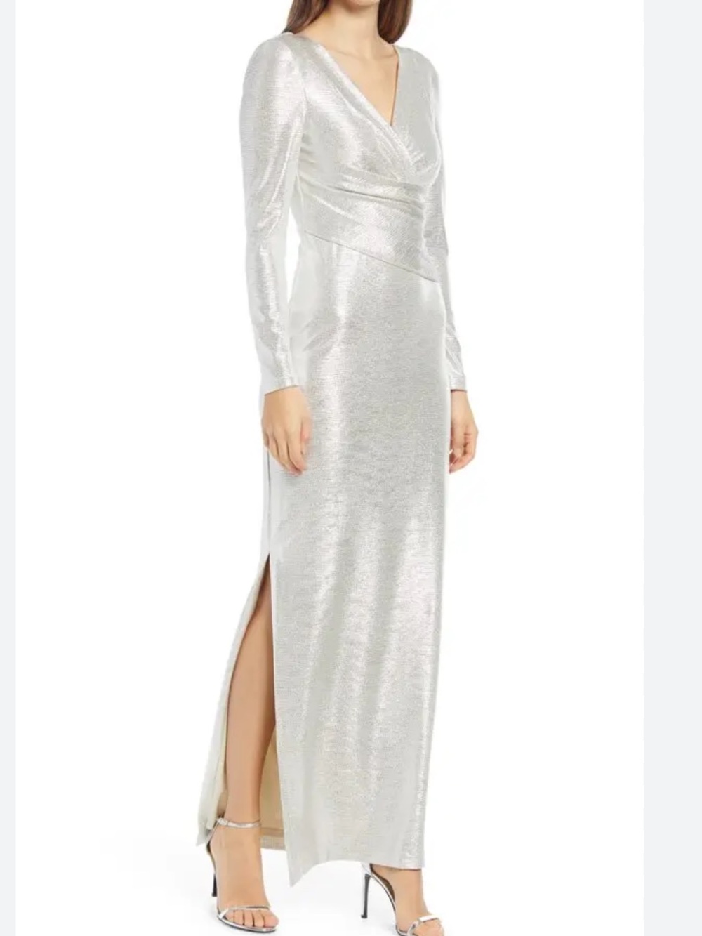 Eliza J Silver Metallic V-Neck Long-Sleeve Gown with Side Slit